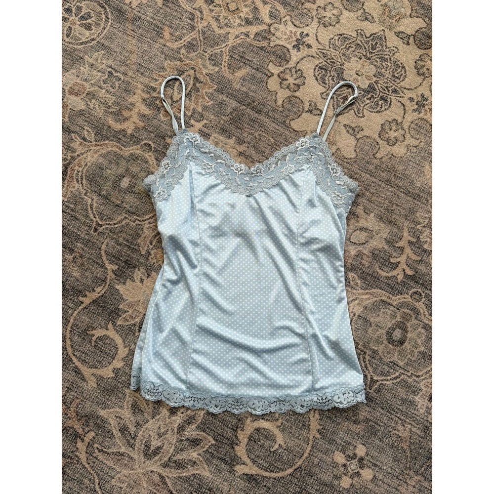 Vintage Y2K Blue Polka Dot Lace Trim Cami Satin The Limited